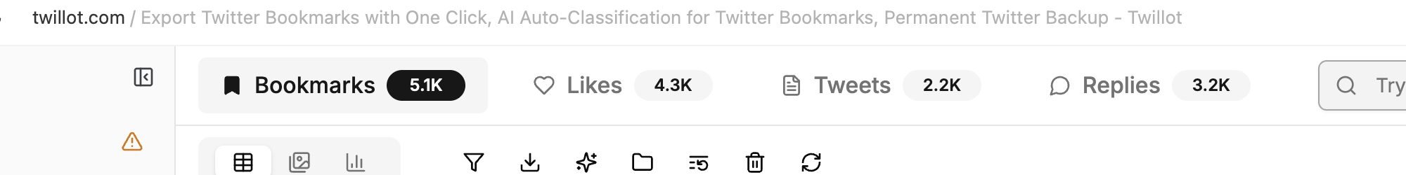 Toolbar dei segnalibri Twitter di Twillot con azioni di esportazione, filtro, organizzazione, eliminazione e sincronizzazione.