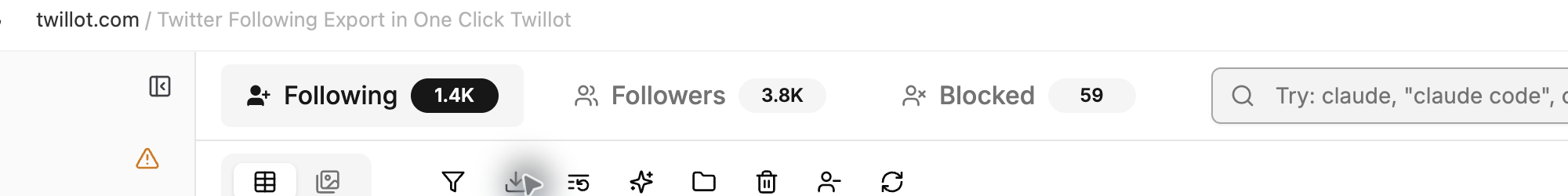 Toolbar della lista following Twitter di Twillot con azioni di esportazione, gestione liste, organizzazione AI, cartella, eliminazione, pulizia inattivi e sincronizzazione.